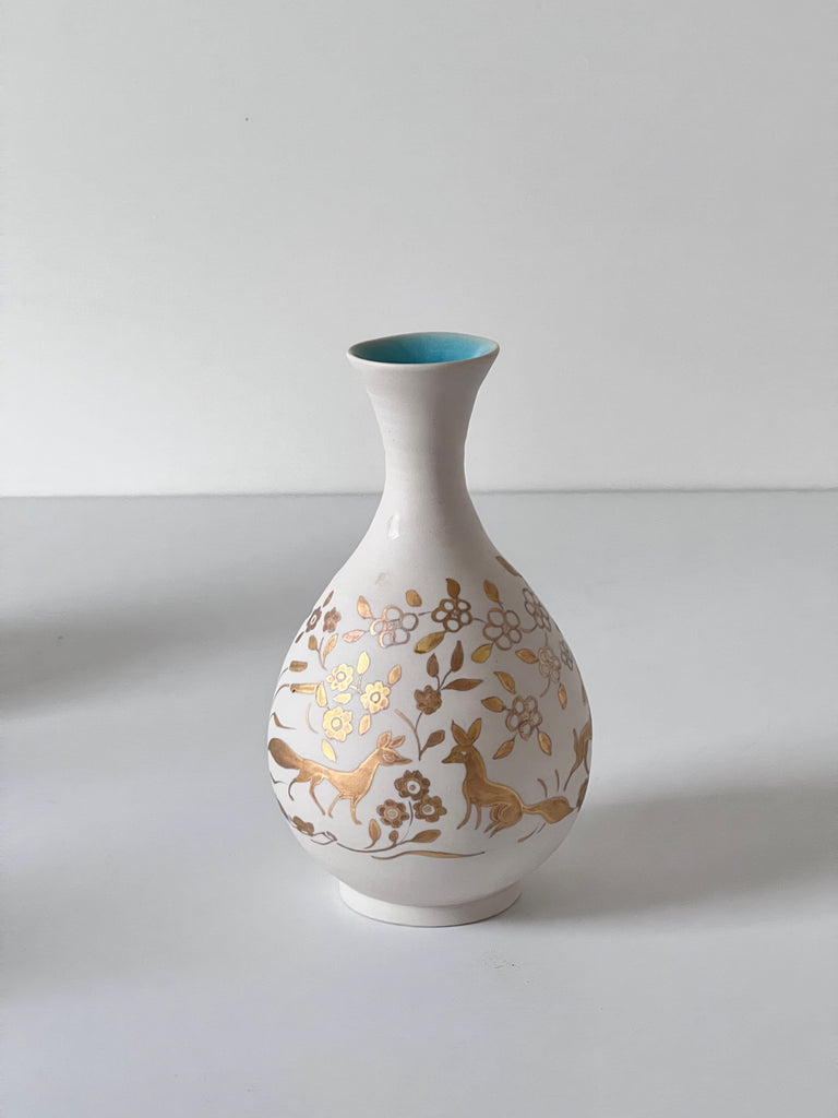 Foxes and Rabbit Gold on Raw Porcelain Onion Vase